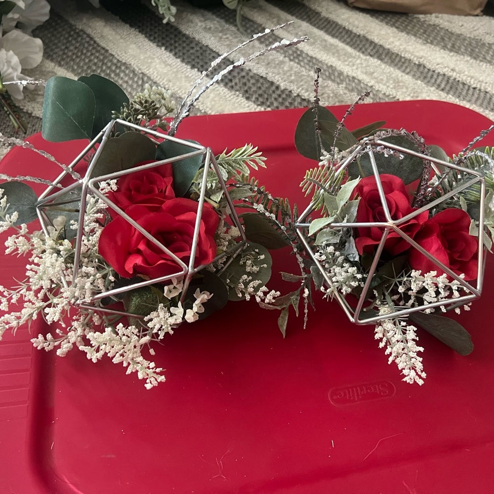 SOLD**Geometric Silver Vase with Red Roses